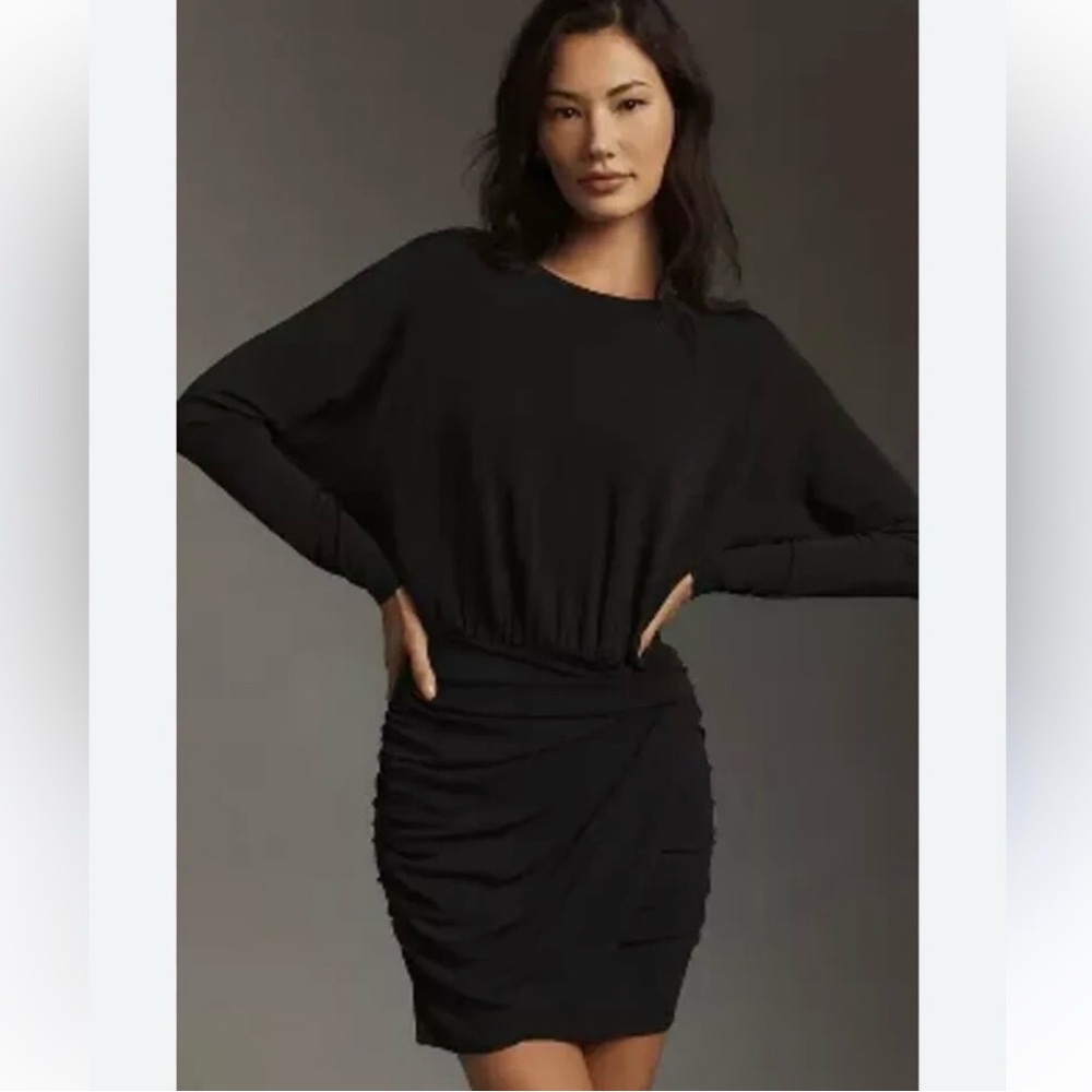 Anthropologie Velvet by Graham & Spencer Black Long Sleeve Jersey Ruched Dress S